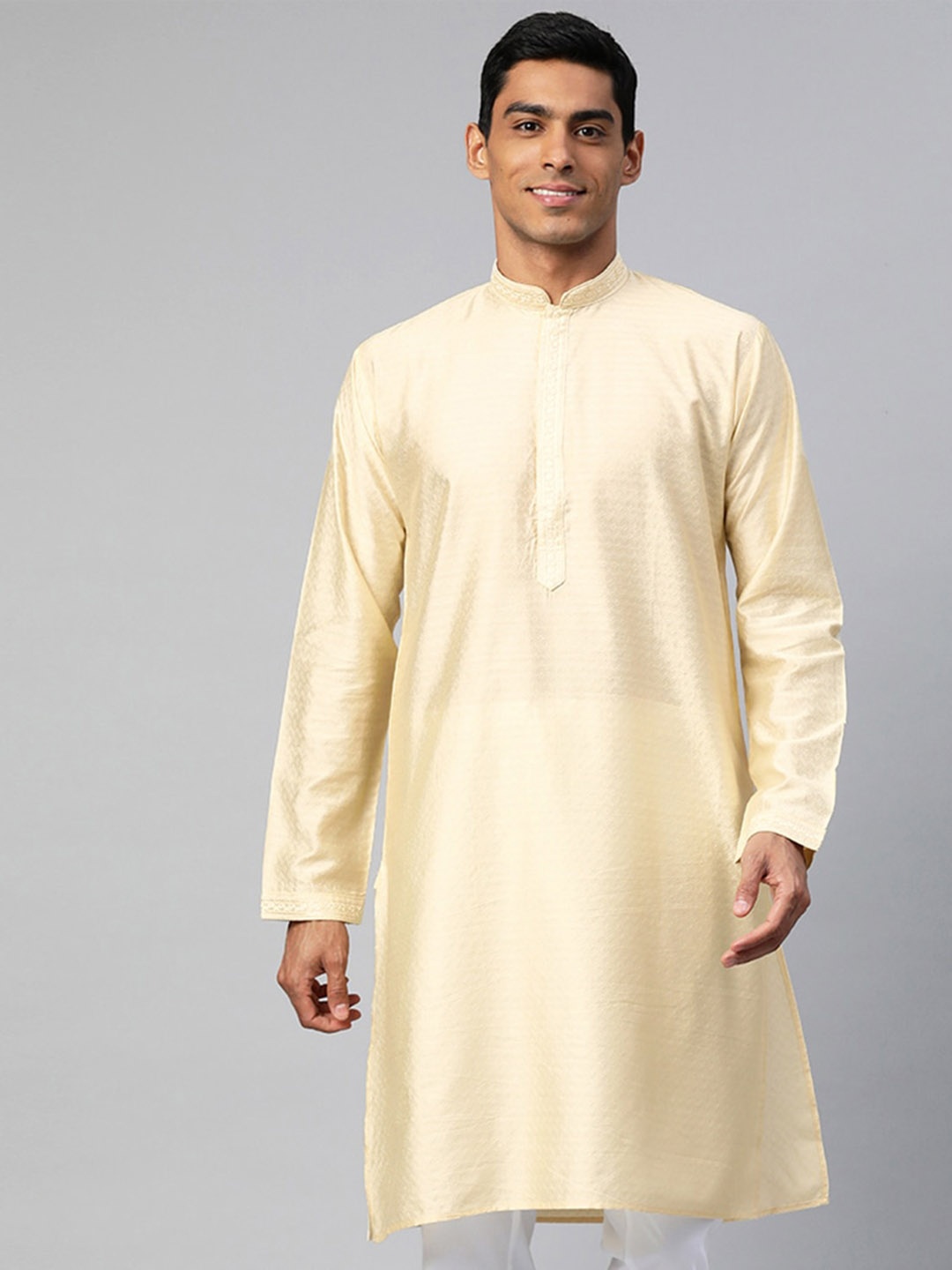 

MANQ Embroidered Mandarin Collar Straight Kurta, Cream