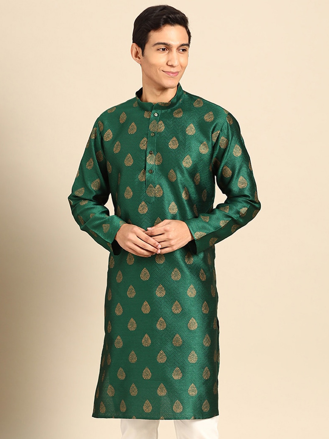 

MANQ Ethnic Motifs Woven Design Straight Kurta, Green