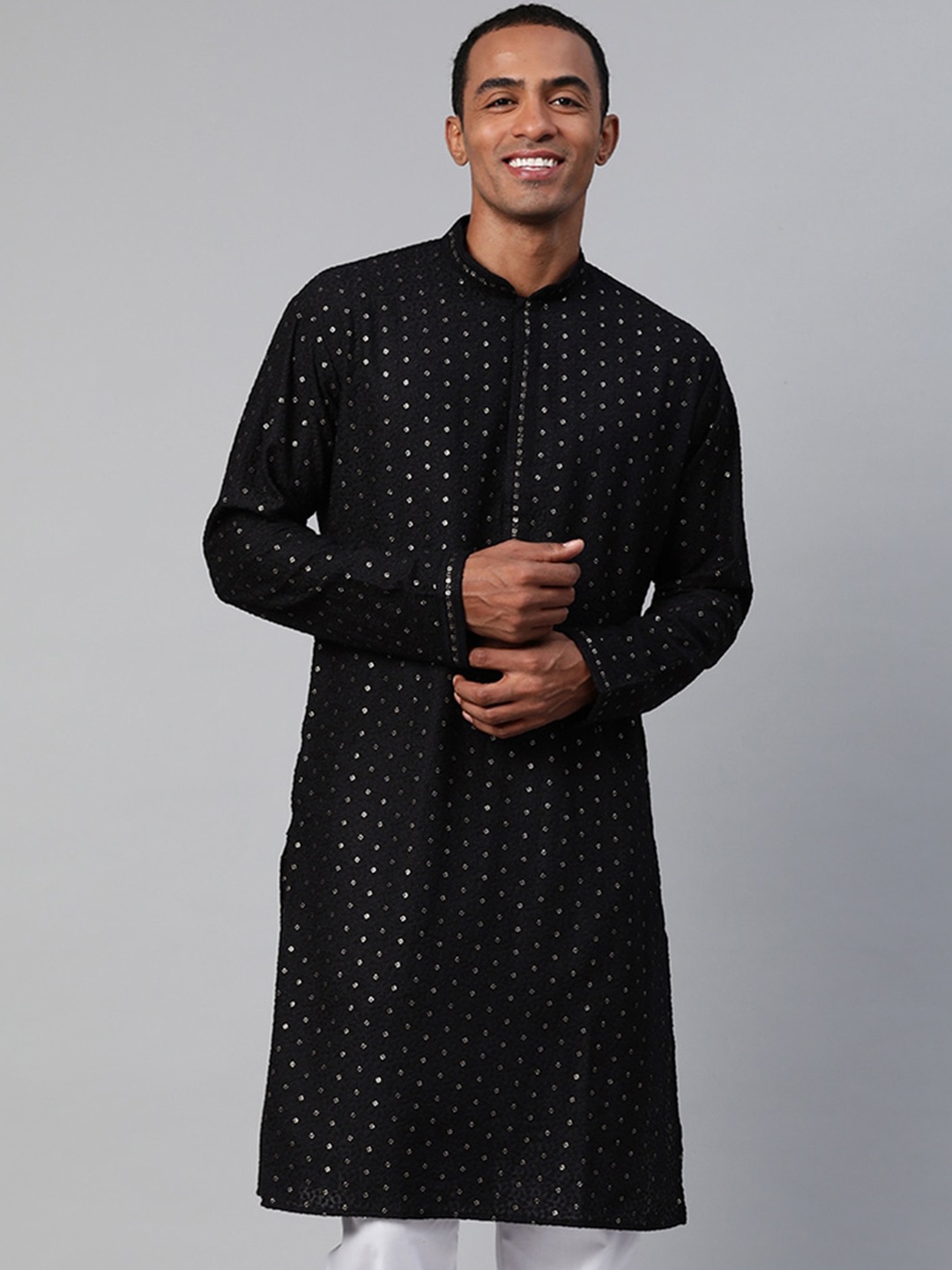 

MANQ Floral Embroidered Mandarin Collar Sequinned Pure Cotton Straight Kurta, Black