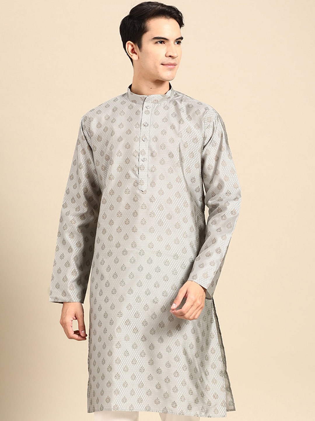 

MANQ Ethnic Motifs Foil Printed Mandarin Collar Straight Kurta, Grey