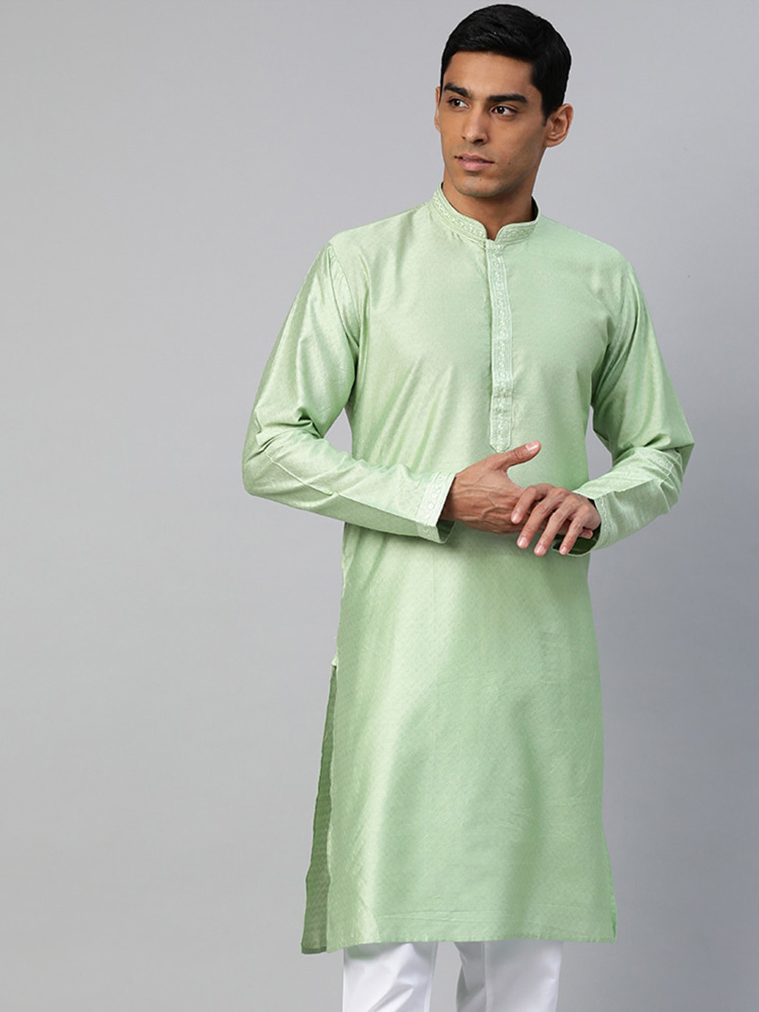 

MANQ Mandarin Collar Straight Kurta, Green