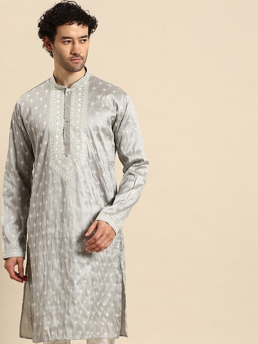 

MANQ Woven Design Mandarin Collar Straight Kurta, Grey