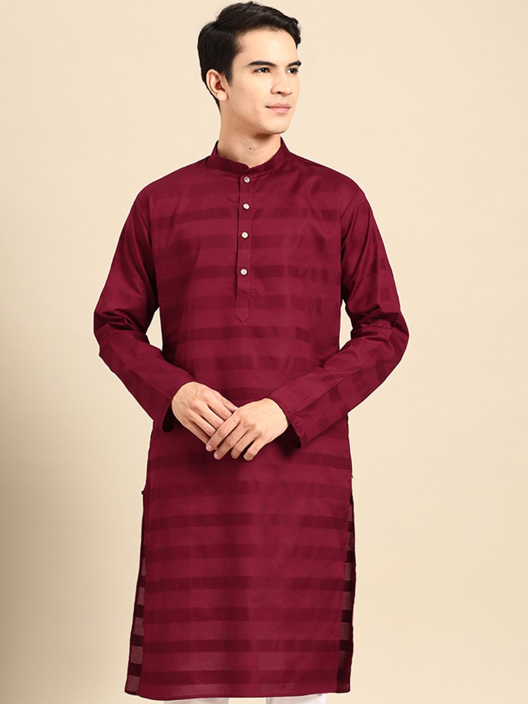 

MANQ Woven Design Mandarin Collar Pure Cotton Straight Kurta, Maroon