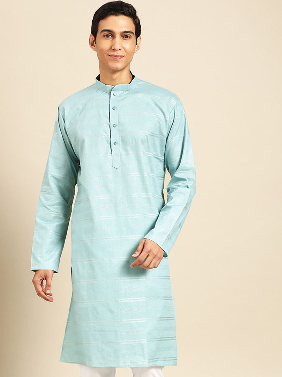 

MANQ Striped Mandarin Collar Pure Cotton Straight Kurta, Sea green