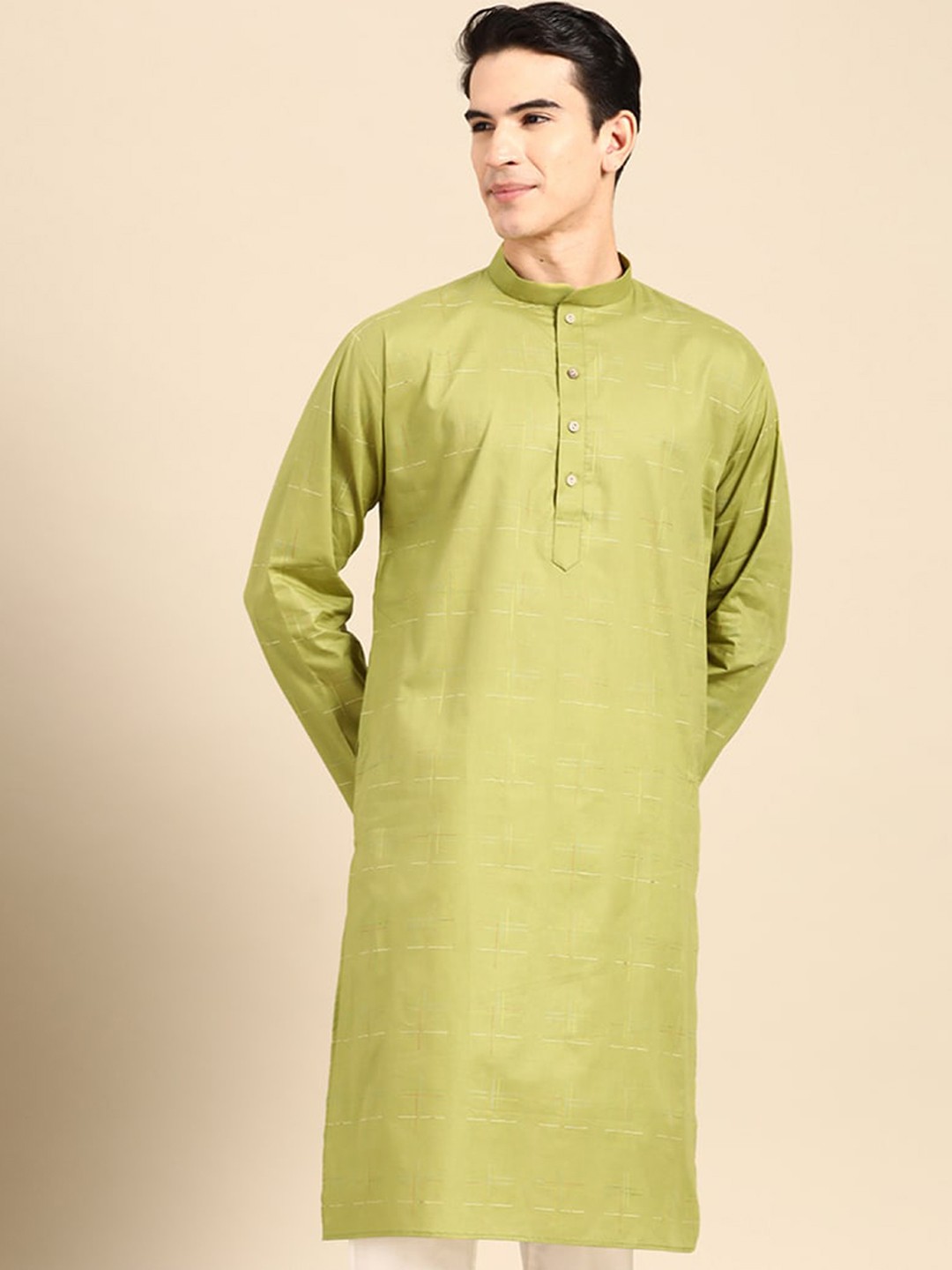 

MANQ Mandarin Collar Pure Cotton Straight Kurta, Green