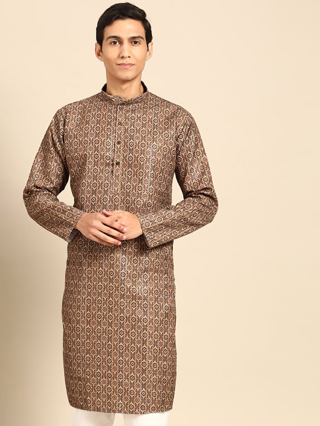 

MANQ Ethnic Printed Mandarin Collar Thread Work Straight Kurta, Brown