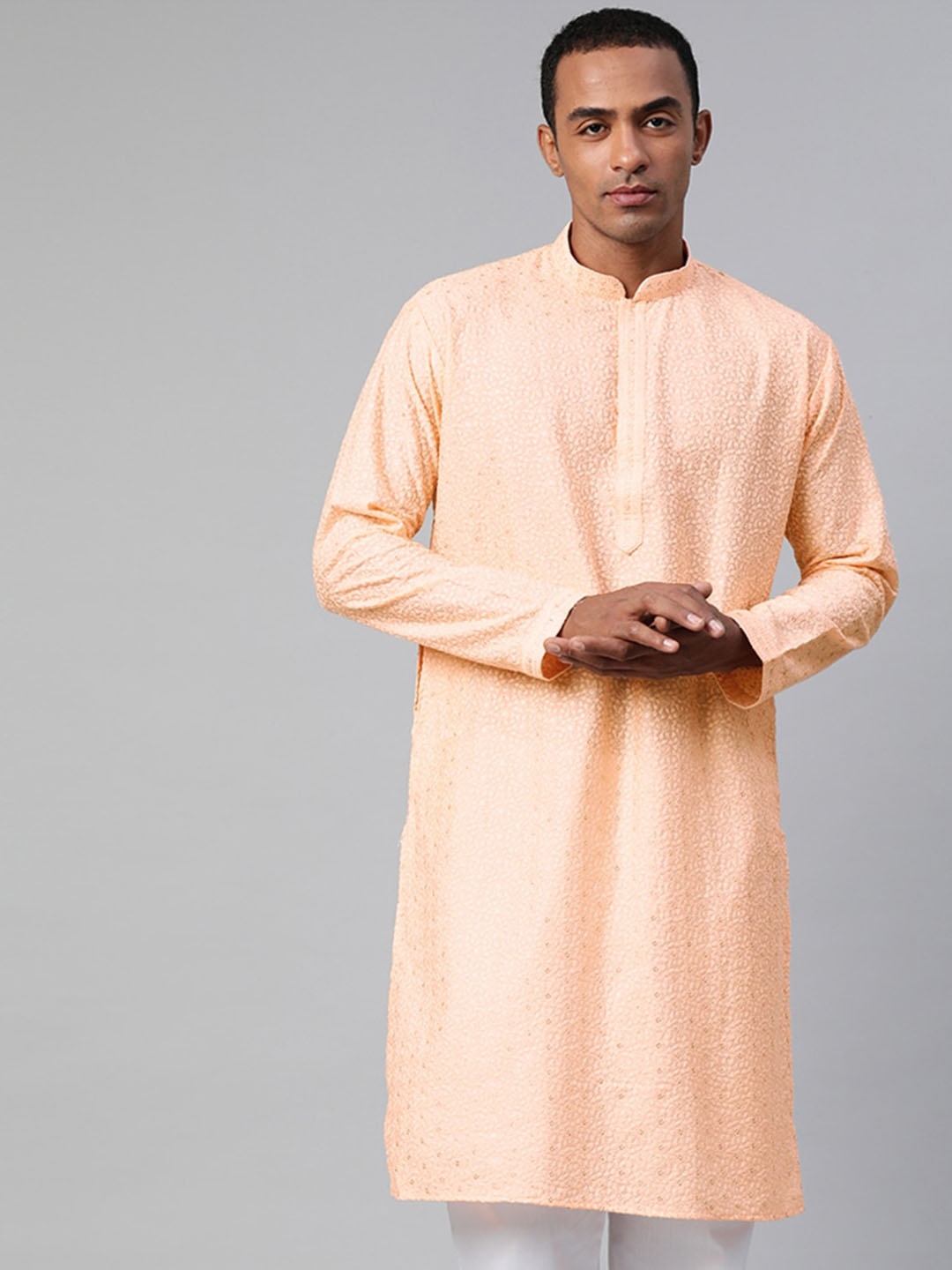 

MANQ Floral Embroidered Thread Work Cotton Straight Kurta, Peach