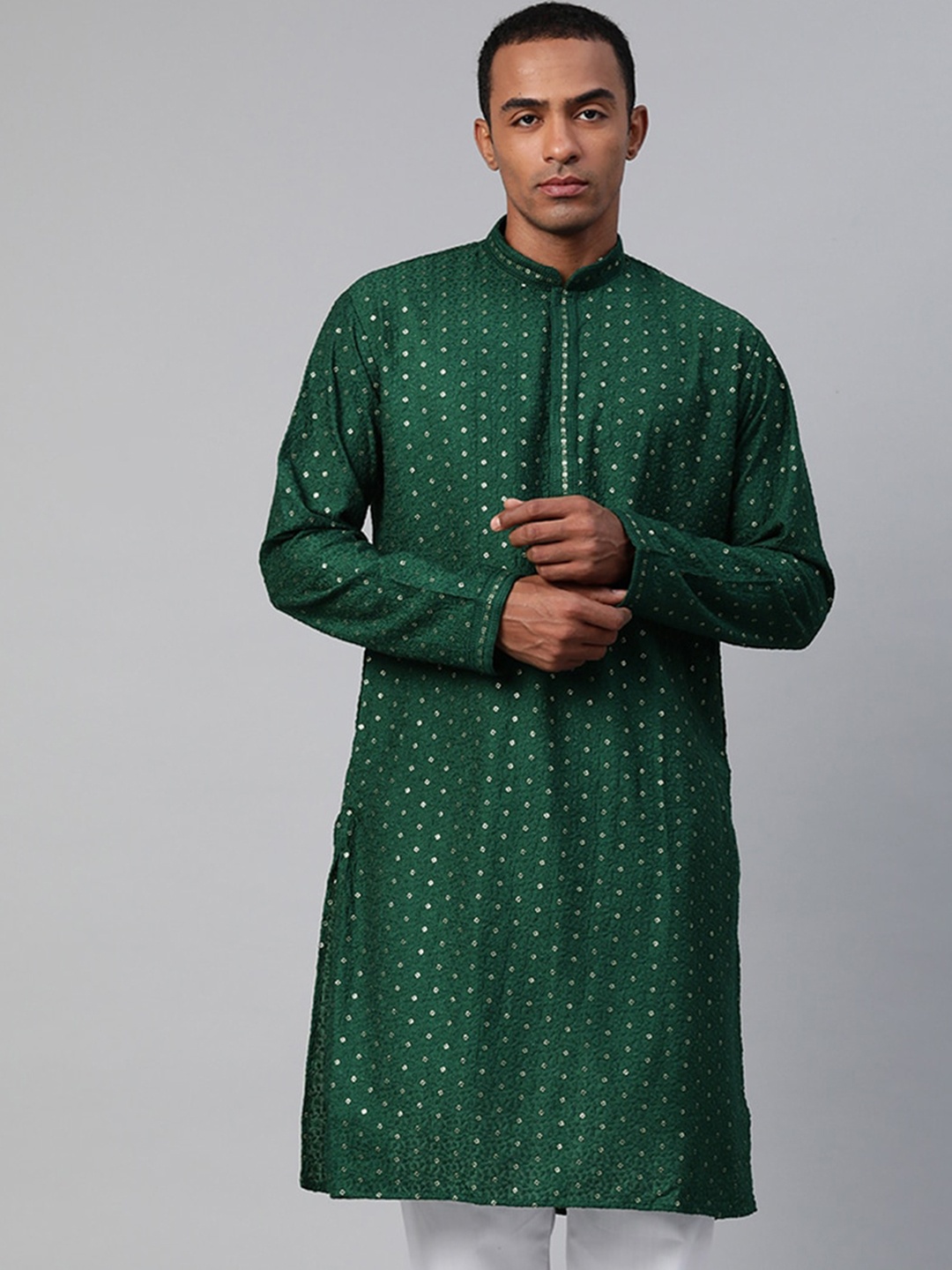 

MANQ Embroidered Mandarin Collar Long Sleeve Sequinned Straight Kurta, Green