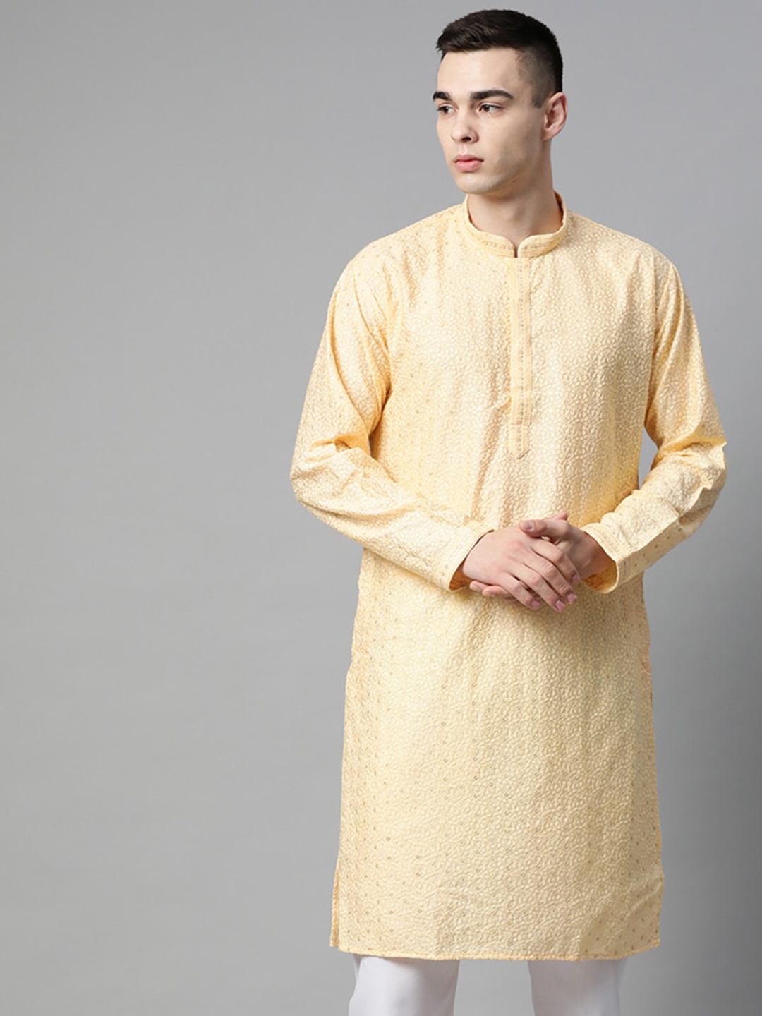 

MANQ Embroidered Mandarin Collar Long Sleeve Sequinned Straight Kurta, Beige