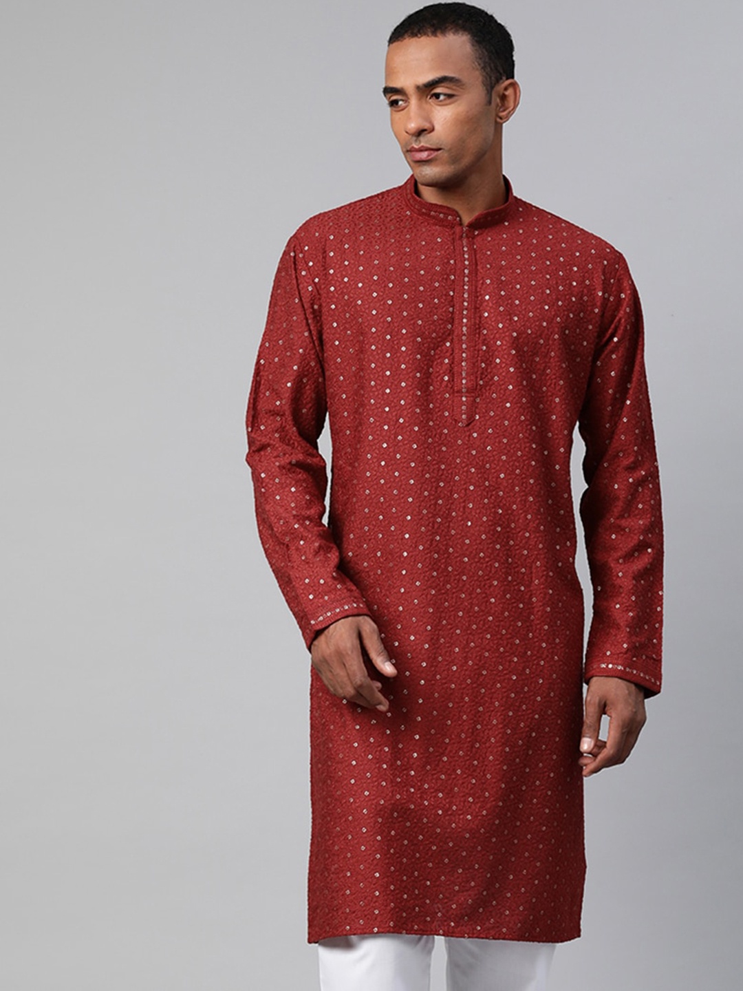 

MANQ Mandarin Collar Sequinned Straight Kurta, Maroon