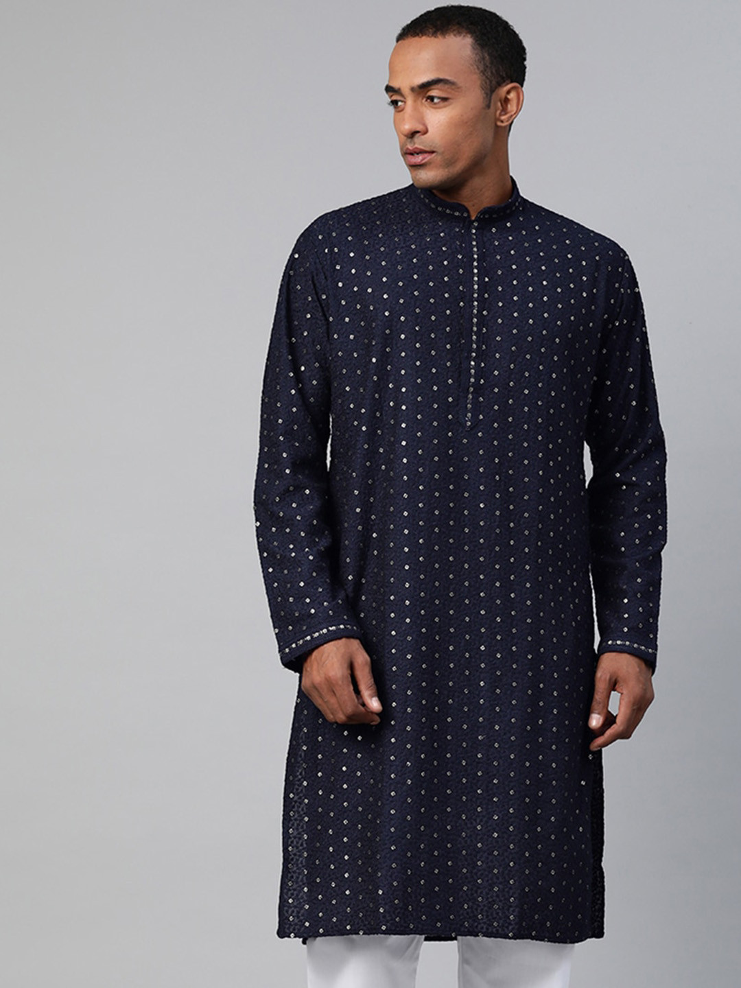 

MANQ Geometric Embroidered Mandarin Collar Sequined Indigo Cotton Straight Kurta, Navy blue