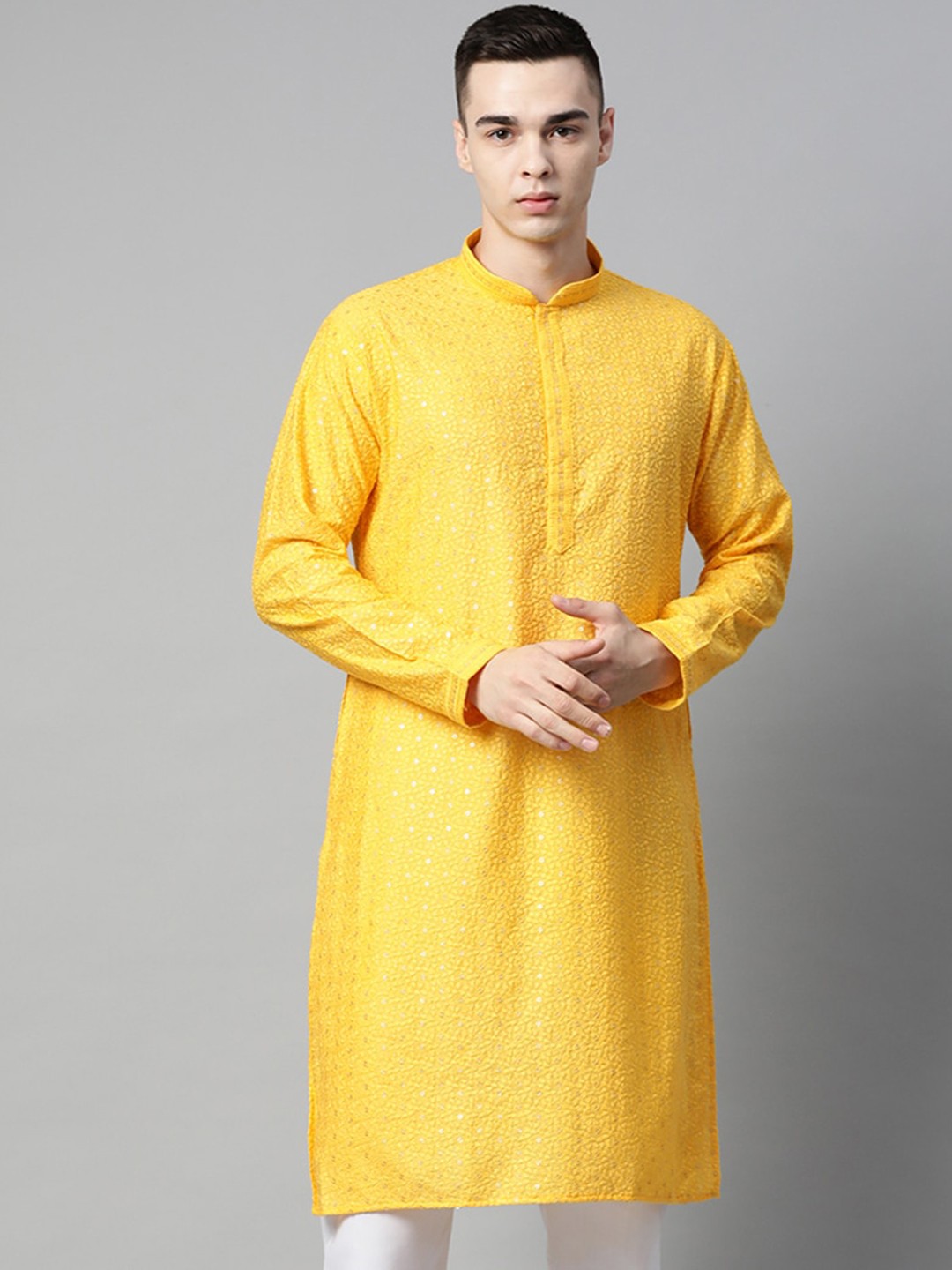 

MANQ Embroidered Mandarin Collar Sequins Kurta, Yellow