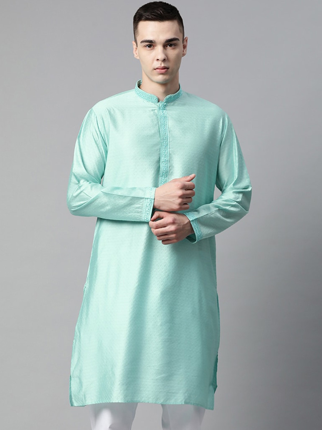 

MANQ Woven Design Mandarin Collar Thread Work Straight Kurta, Blue