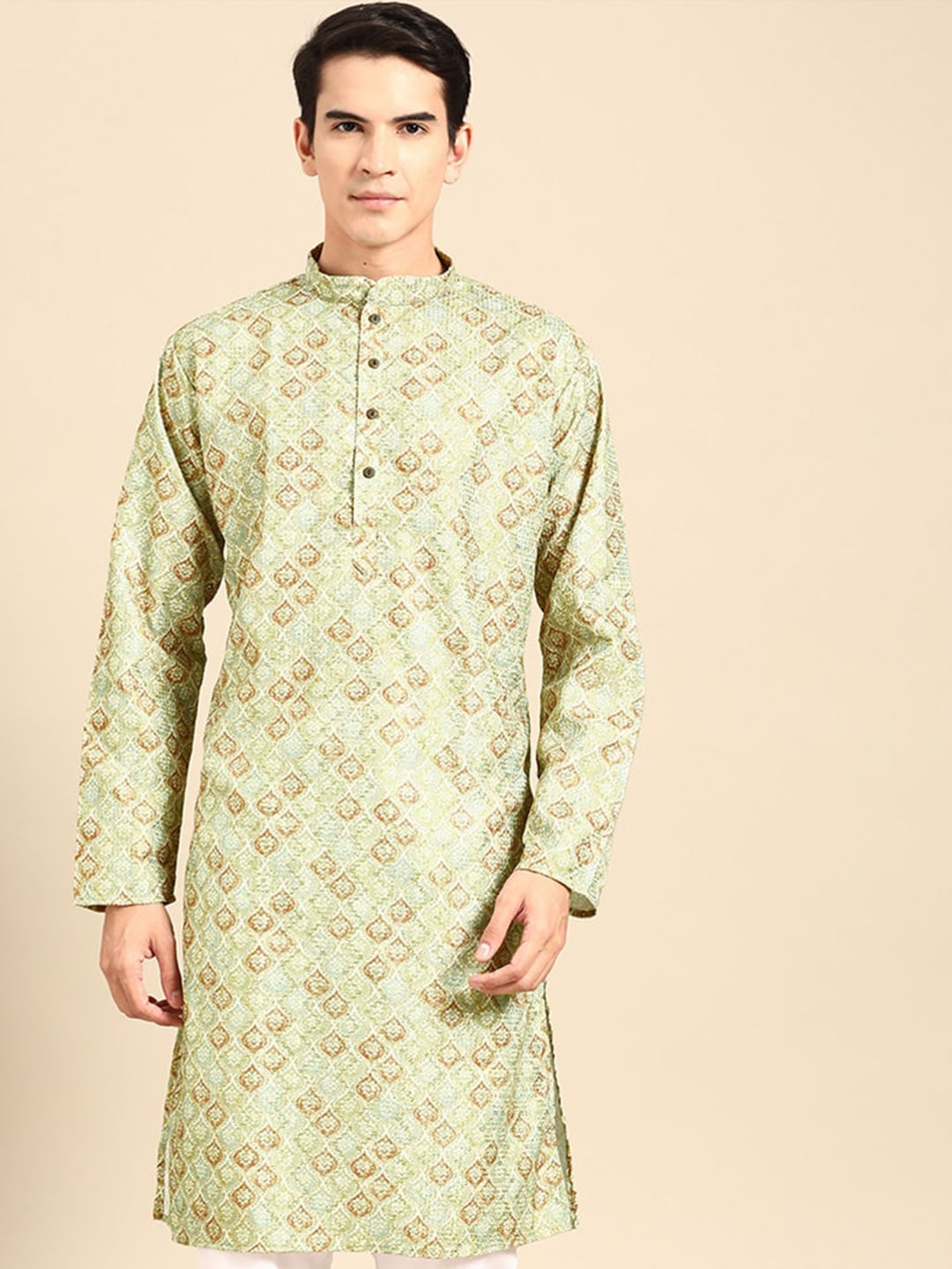 

MANQ Printed Mandarin Collar Straight Kurta, Green