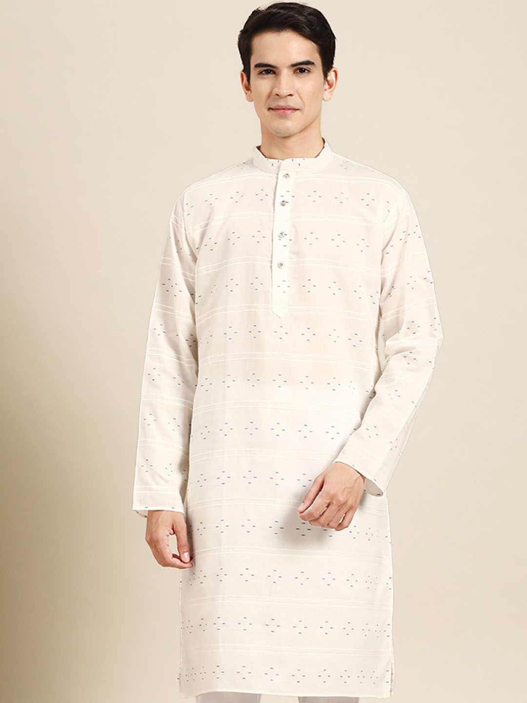 

MANQ Woven Design Mandarin Collar Pure Cotton Straight Kurta, White