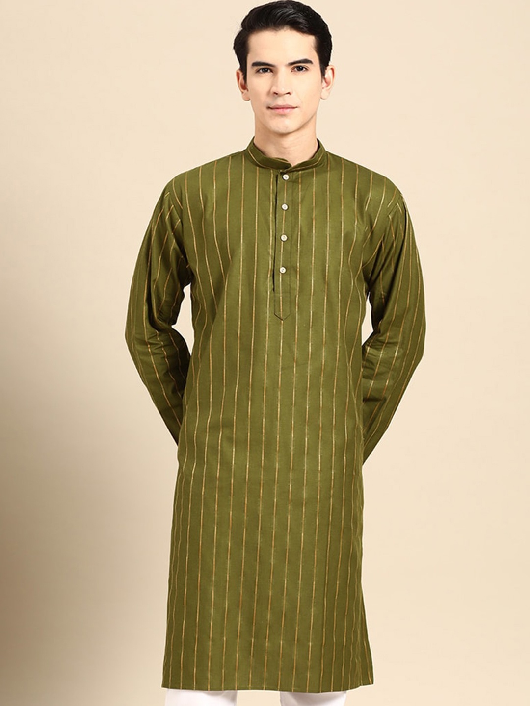 

MANQ Striped Mandarin Collar Pure Cotton Straight Kurta, Green