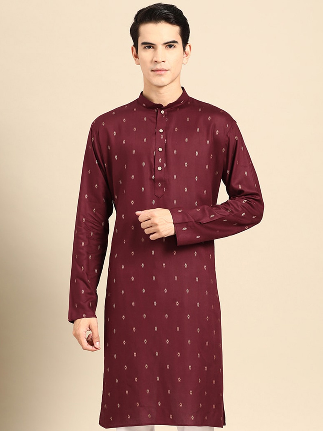 

MANQ Ethnic Motifs Woven Design Pure Cotton Straight Kurta, Maroon