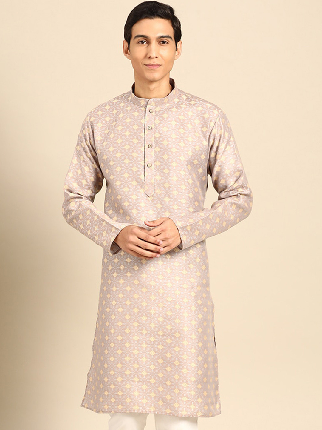 

MANQ Woven Design Mandarin Collar Straight Kurta, Brown