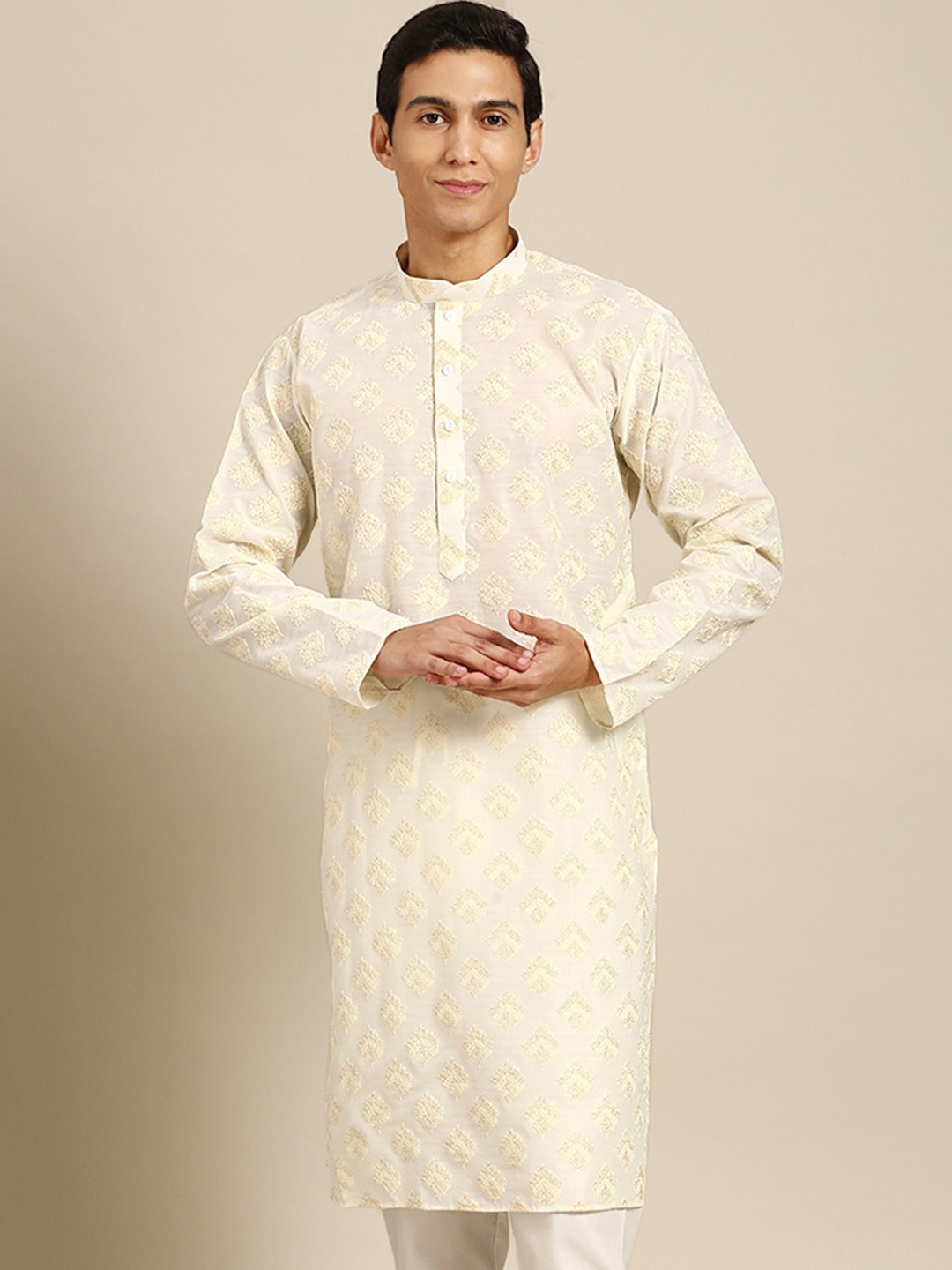 

MANQ Ethnic Motifs Printed Mandarin Collar Long Sleeves Straight Kurta, Cream