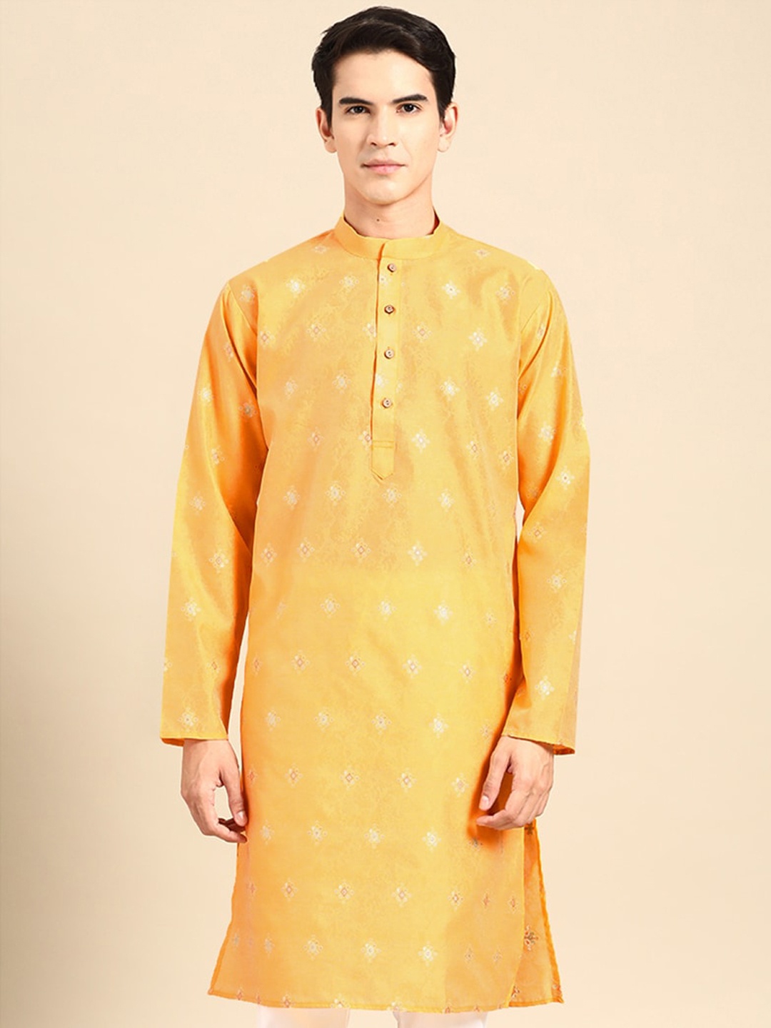 

MANQ Geometric Embroidered Mandarin Collar Straight Kurta, Yellow