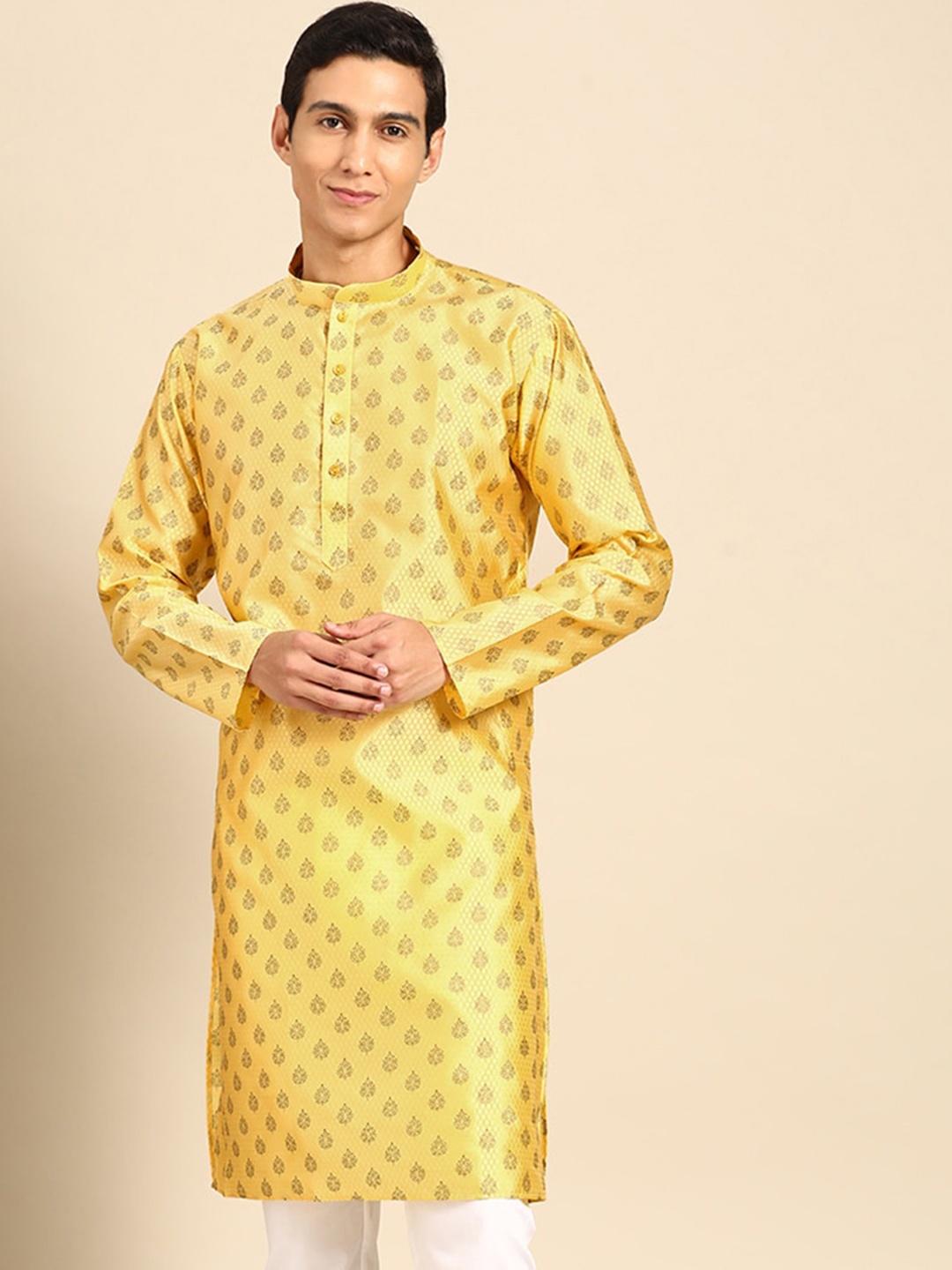 

MANQ Ethnic Motifs Printed Mandarin Collar Long Sleeves Straight Kurta, Yellow