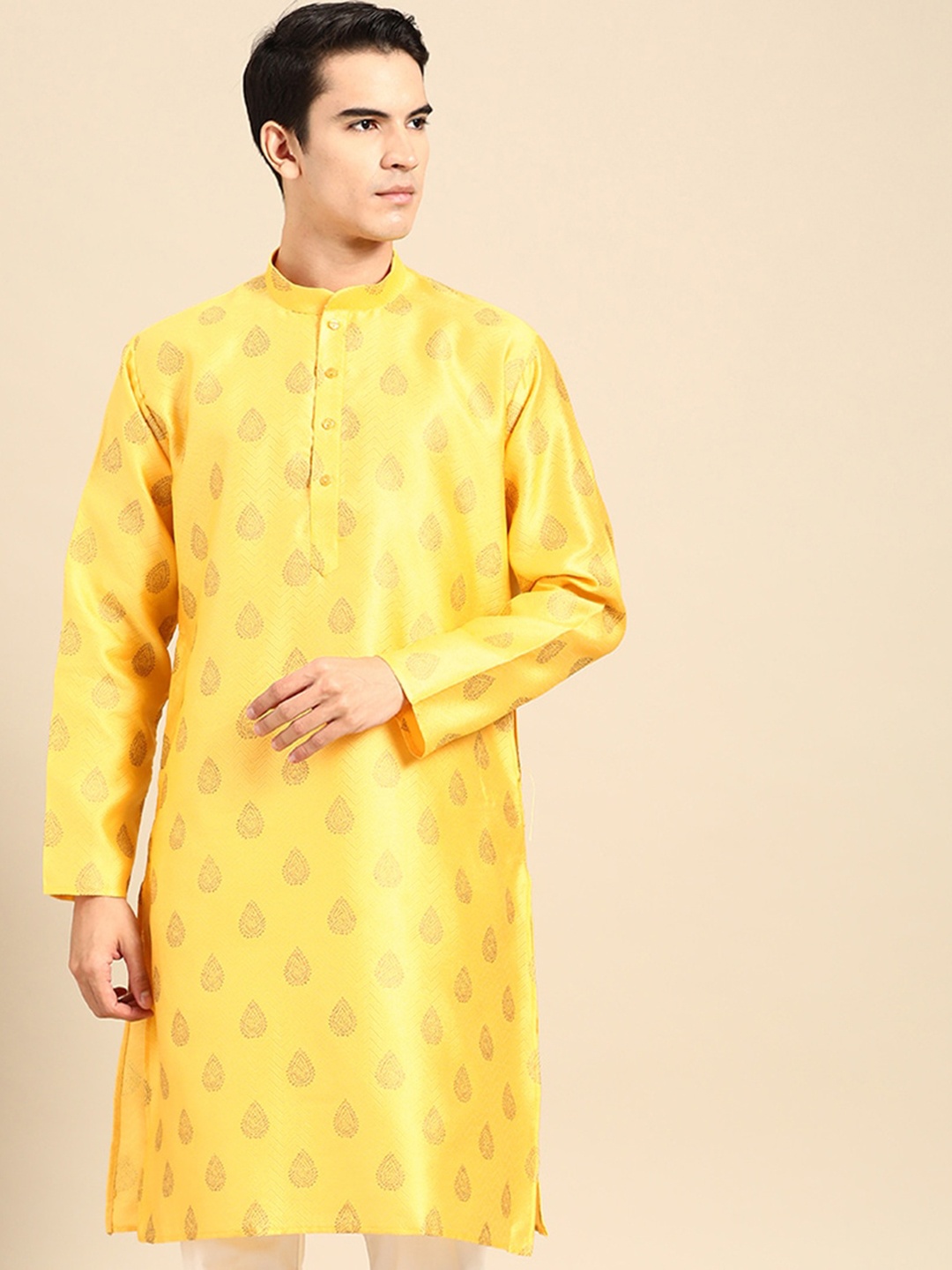 

MANQ Ethnic Motifs Woven Design Mandarin Collar Straight Kurta, Yellow