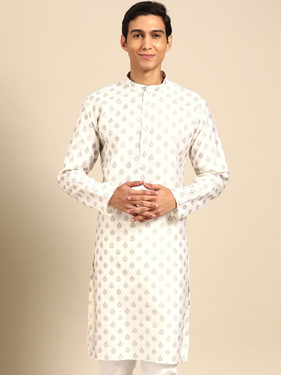 MANQ Ethnic Motifs Printed Mandarin Collar Long Sleeves Straight Kurta, White