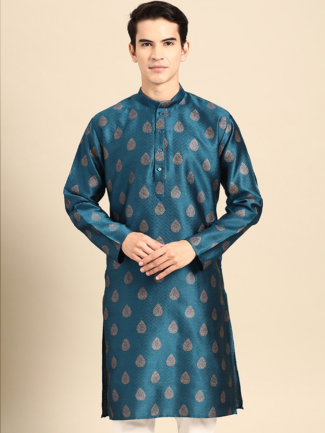 

MANQ Woven Design Mandarin Collar Straight Kurta, Teal