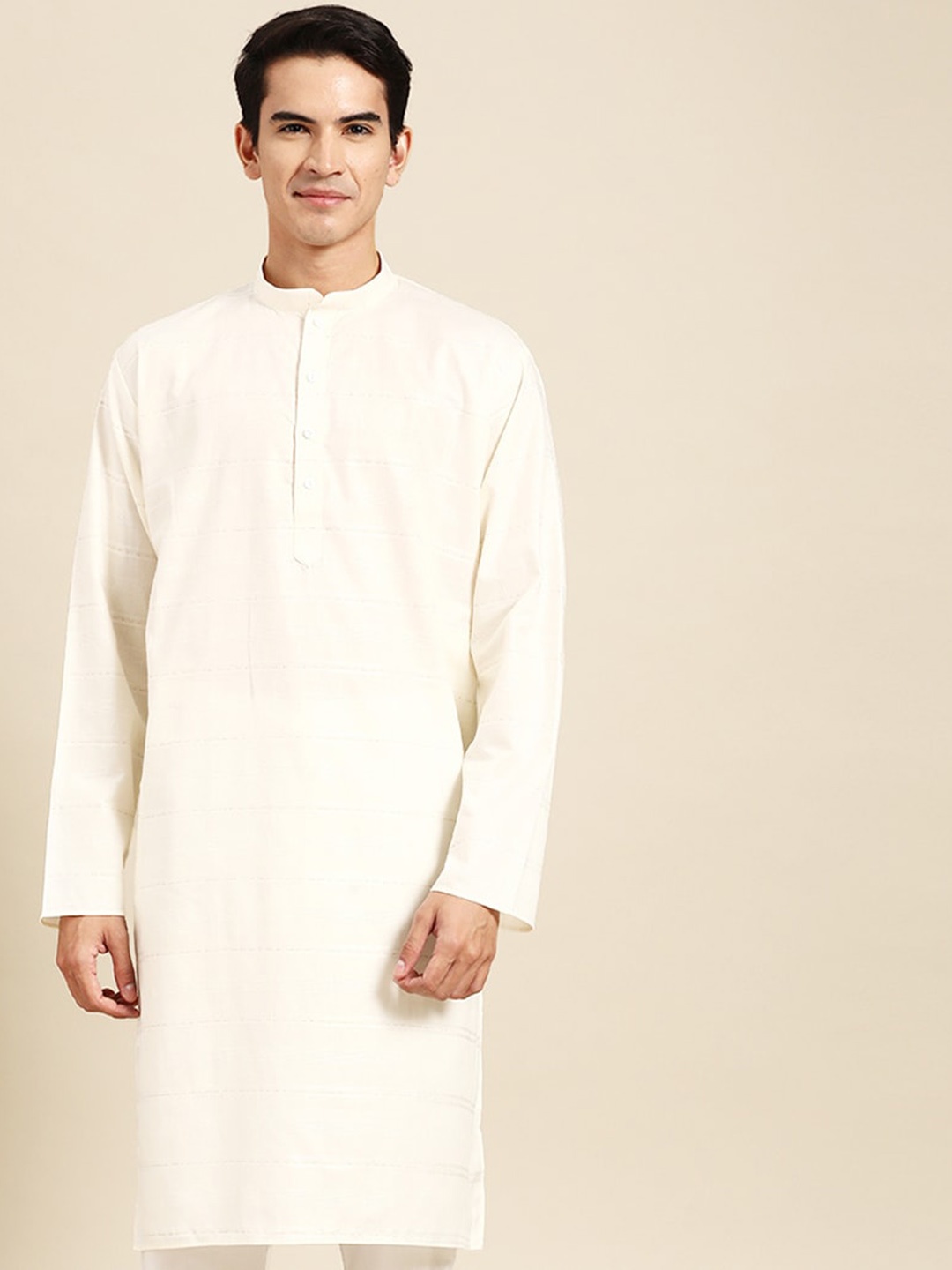 

MANQ Mandarin Collar Kurta, Cream