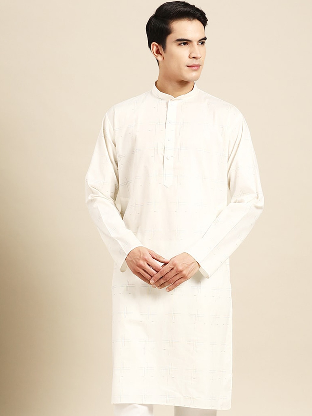 

MANQ Geometric Woven Design Mandarin Collar Pure Cotton Straight Kurta, White