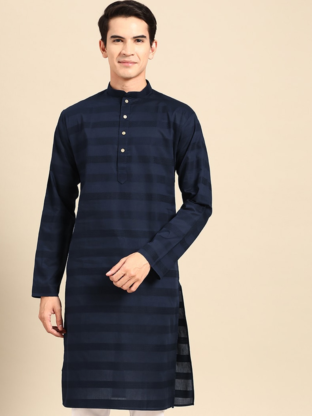 

MANQ Striped Mandarin Collar Pure Cotton Kurta, Blue