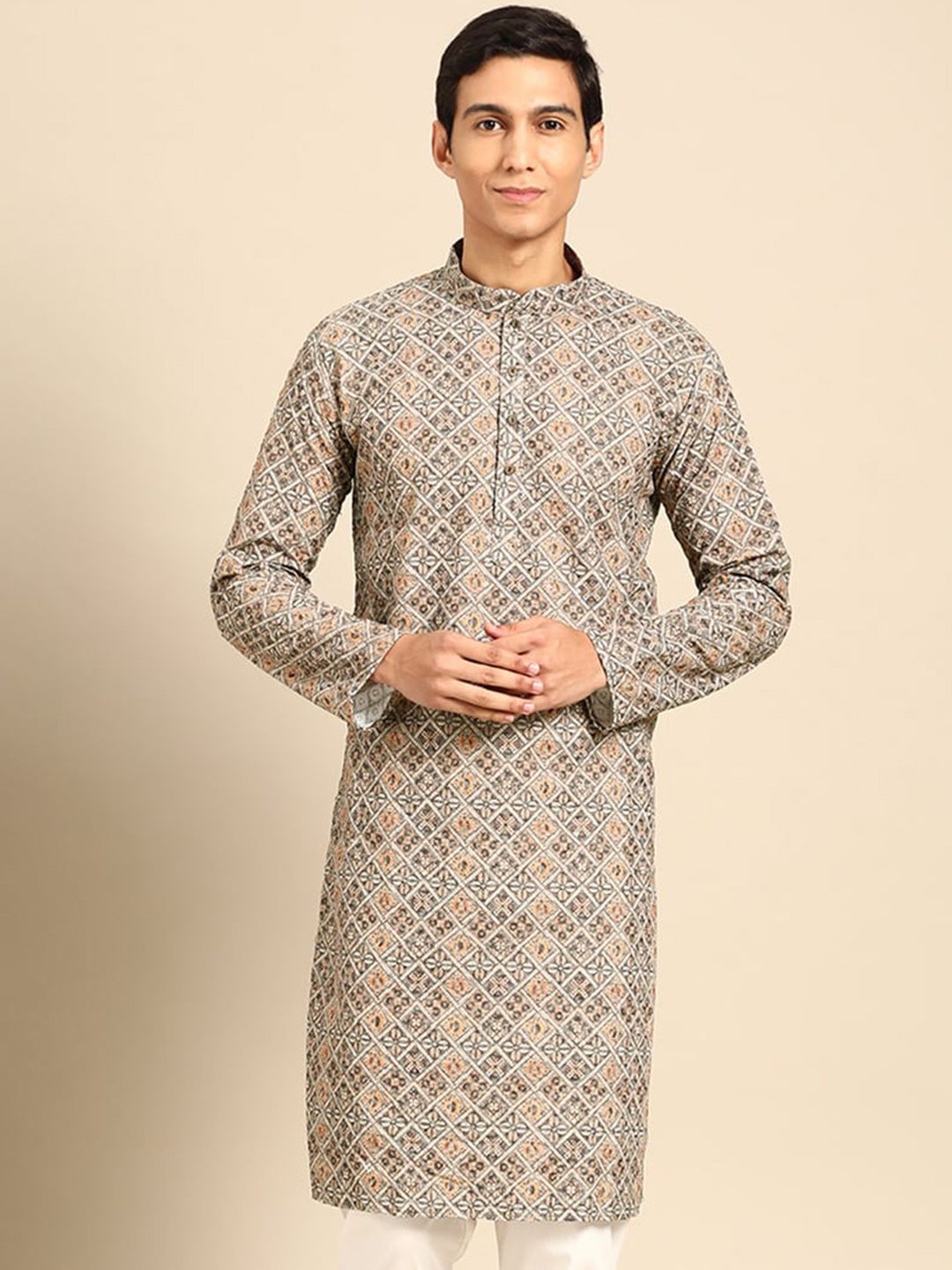 

MANQ Ethnic Motifs Embroidered Mandarin Collar Sequined Cotton Straight Kurta, Beige