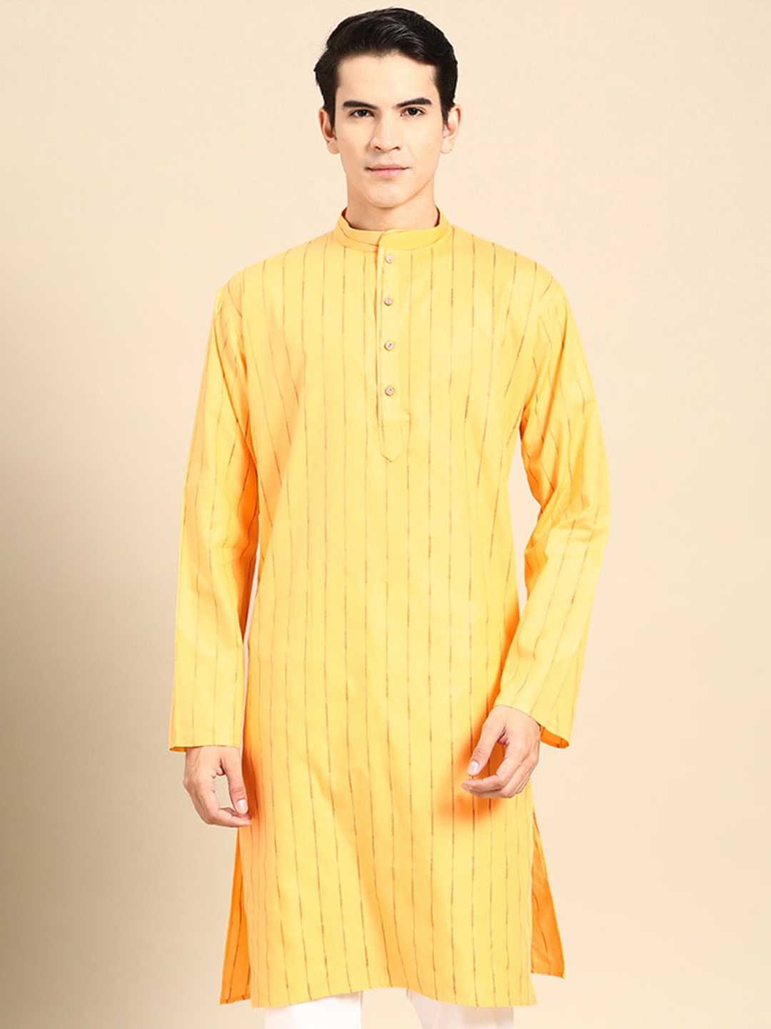 

MANQ Striped Mandarin Collar Pure Cotton Kurta, Yellow