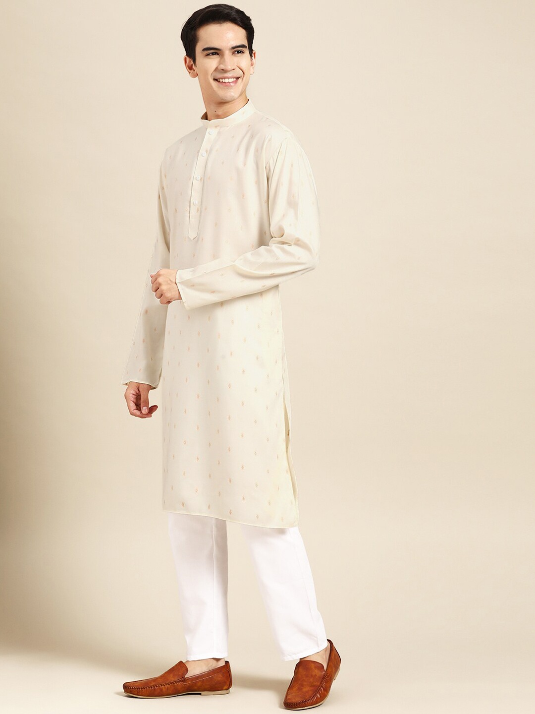 

MANQ Ethnic Motifs Woven Design Mandarin Collar Pure Cotton Straight Kurta, Cream