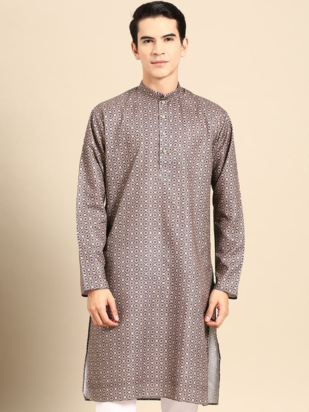 

MANQ Ethnic Motifs Printed Mandarin Collar Straight Kurta, Brown