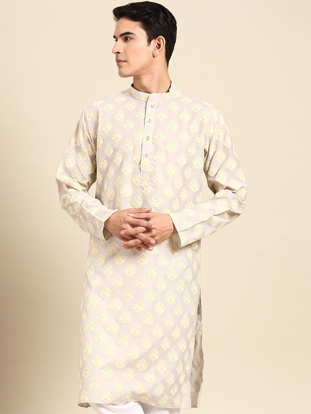 MANQ Floral Embroidered Mandarin Collar Thread Work Straight Kurta, Grey