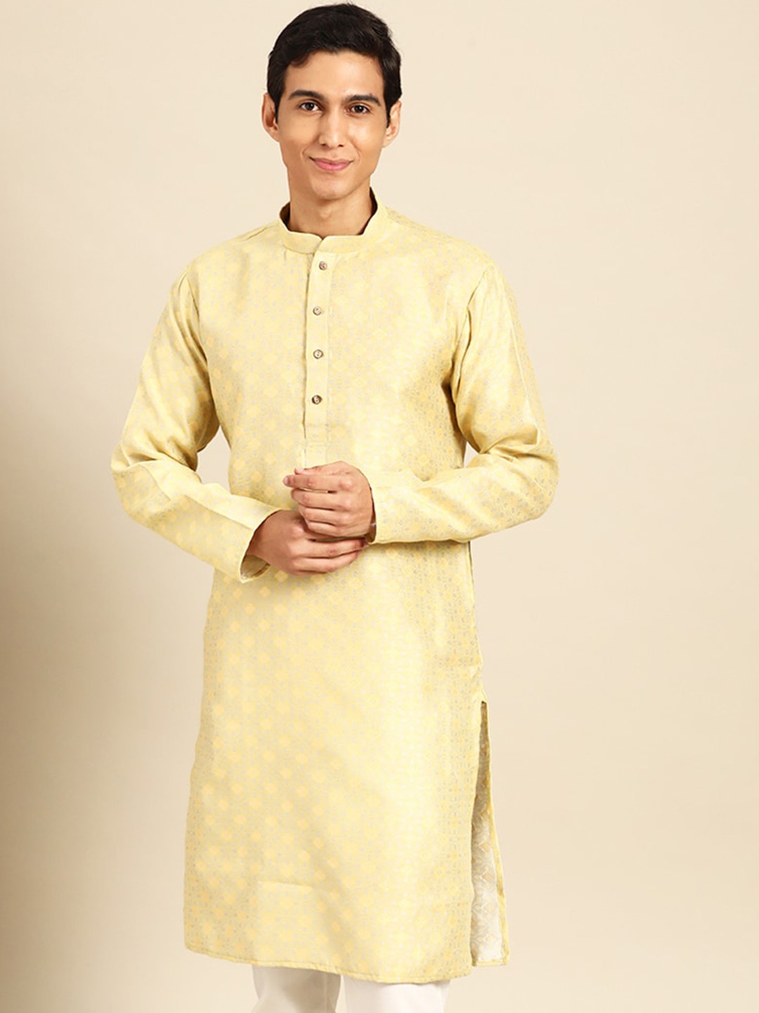 

MANQ Geometric Woven Design Mandarin Collar Straight Kurta, Yellow