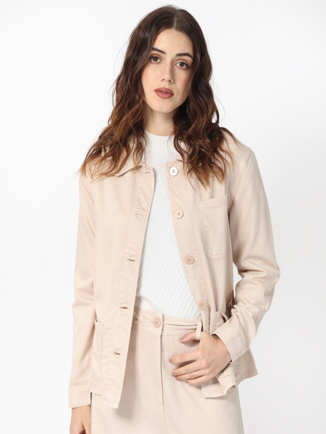 

RAREISM Spread Collar Cotton Shacket, Beige