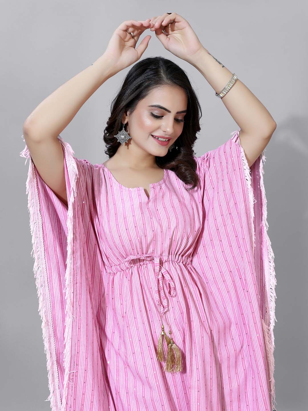 

Anouk Pink Striped Kimono Sleeves Cotton Kaftan Kurta