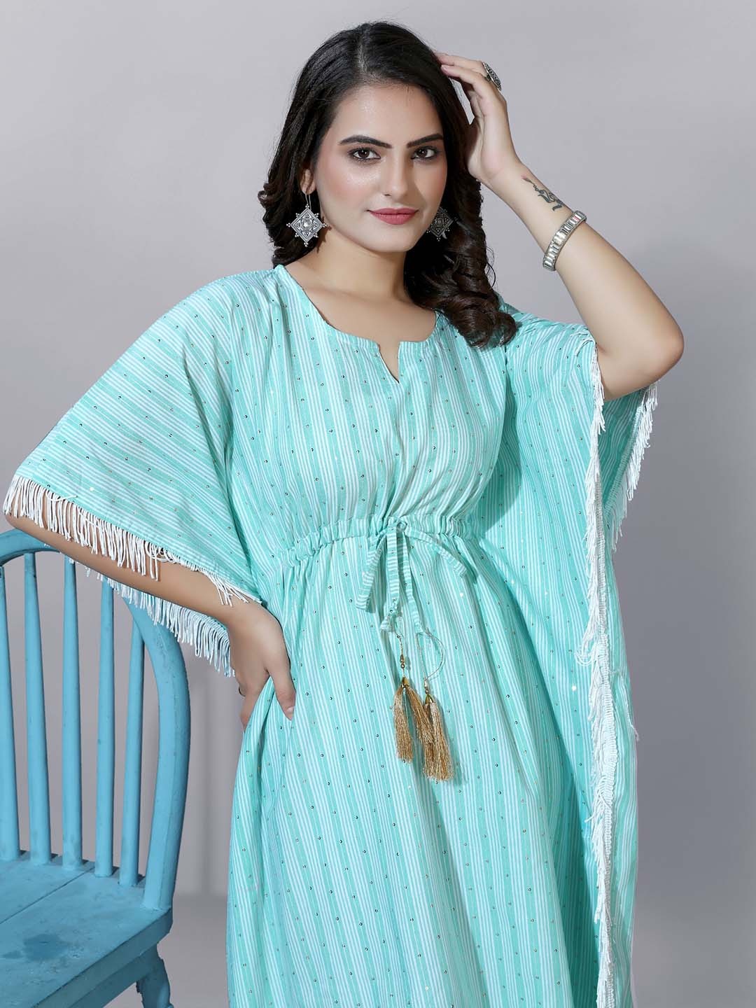 

Anouk Blue Striped Kimono Sleeves Cotton Kaftan Kurta