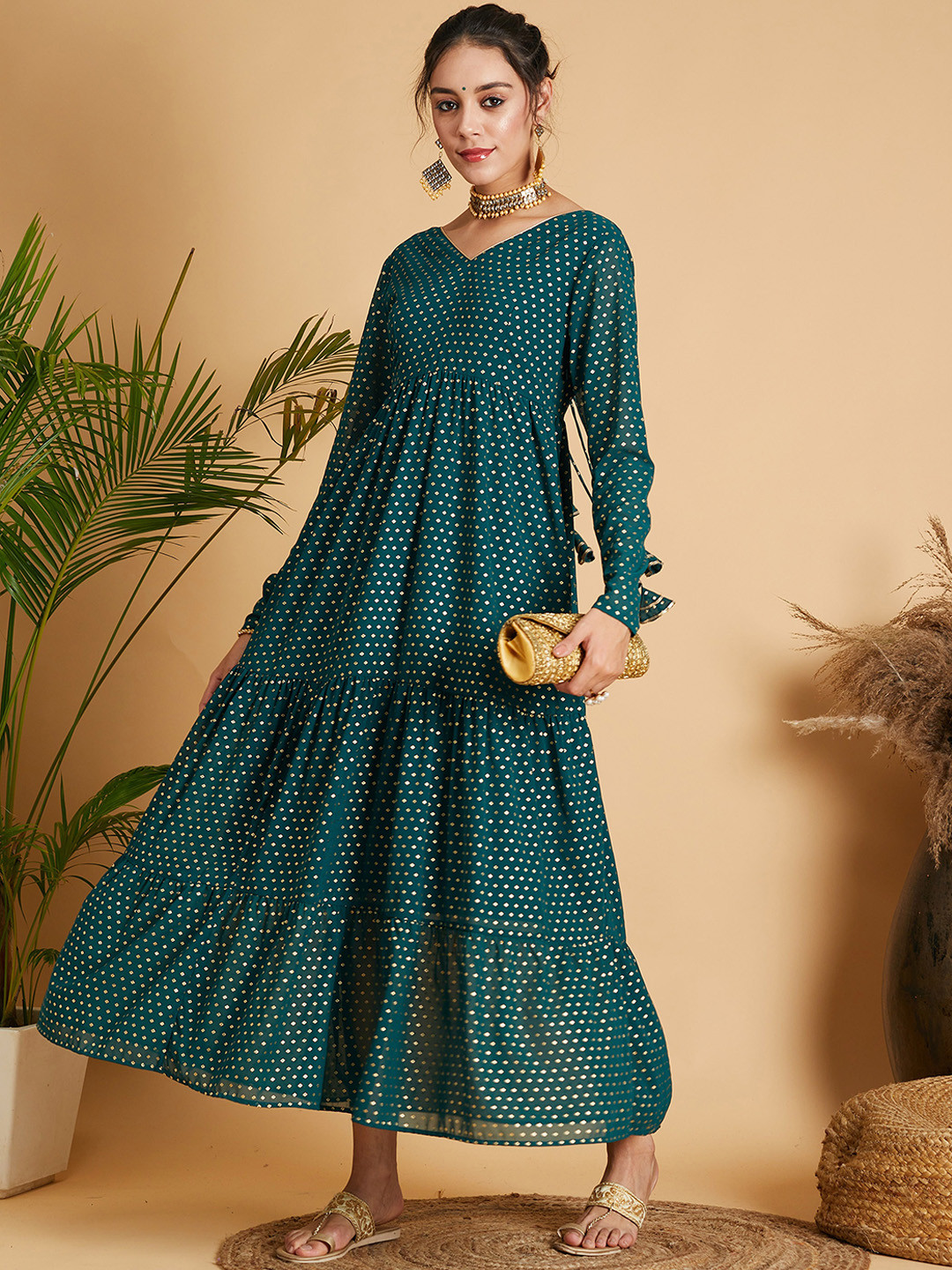 

Shae by SASSAFRAS Polka Dot Printed Tiered Fit & Flare Maxi Ethnic Dresses, Green