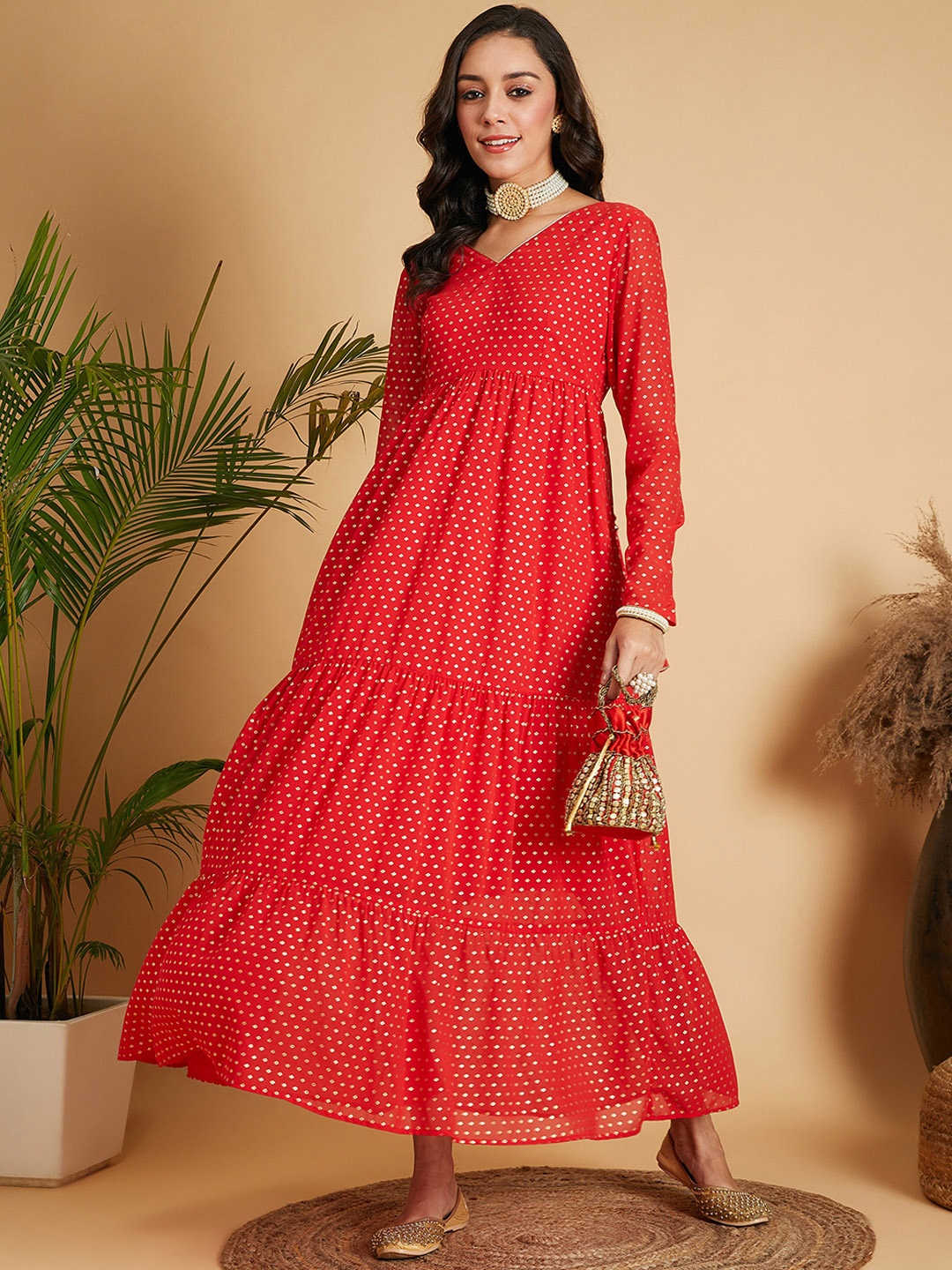 

Shae by SASSAFRAS Polka Dot Printed Tiered Fit & Flare Maxi Ethnic Dresses, Red