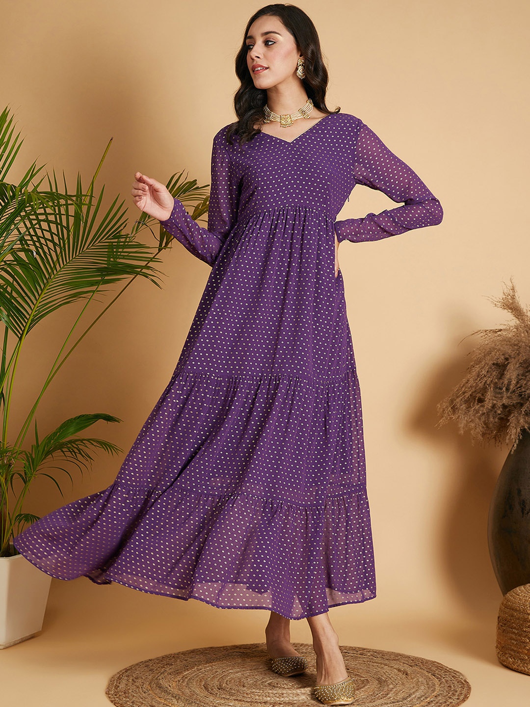 

Shae by SASSAFRAS Polka Dot Printed Tiered Fit & Flare Maxi Ethnic Dresses, Purple