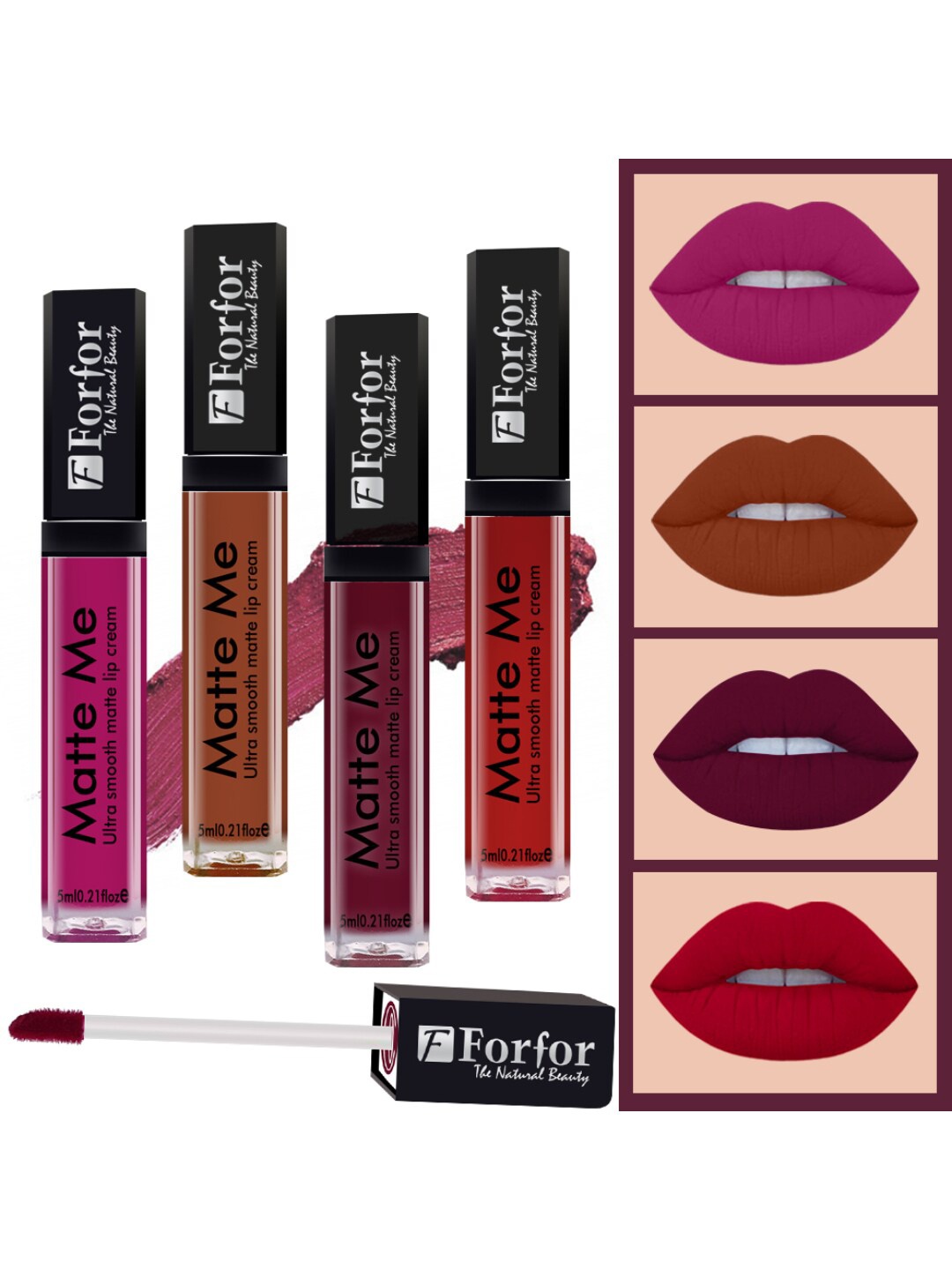 

FORFOR Matte Me 4Pcs Long Lasting Liquid Matte Lipstick Fuchsia Pink-Brown-Wine-Angel Red, Multi