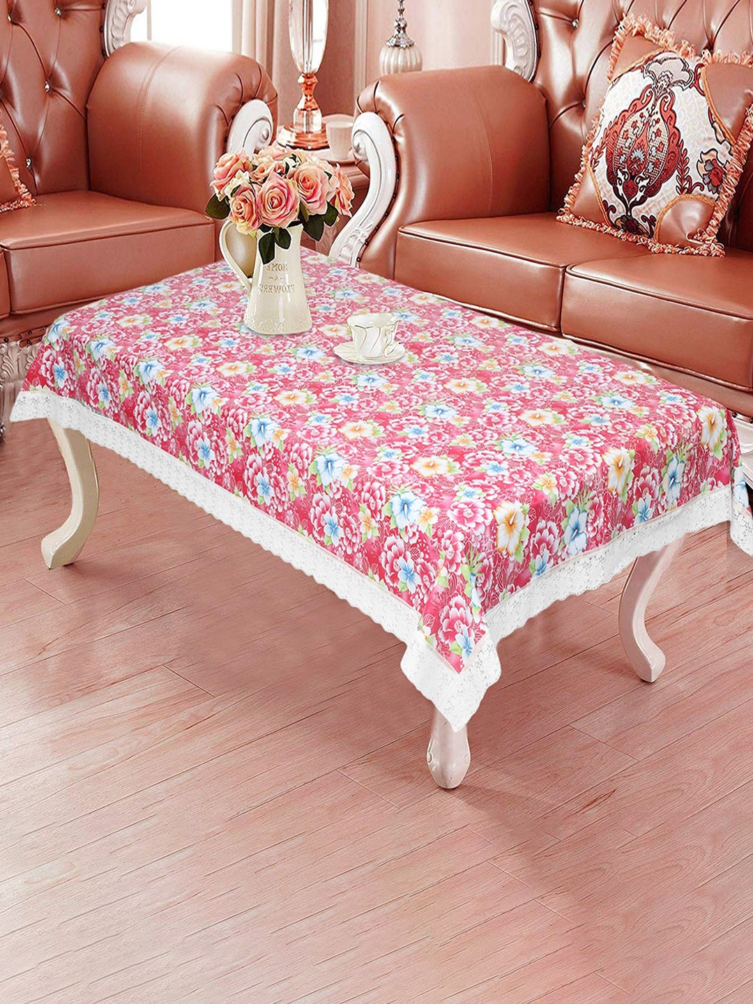 

Dakshya Industries Pink Floral Printed 4-Seater Rectangle Table Cover