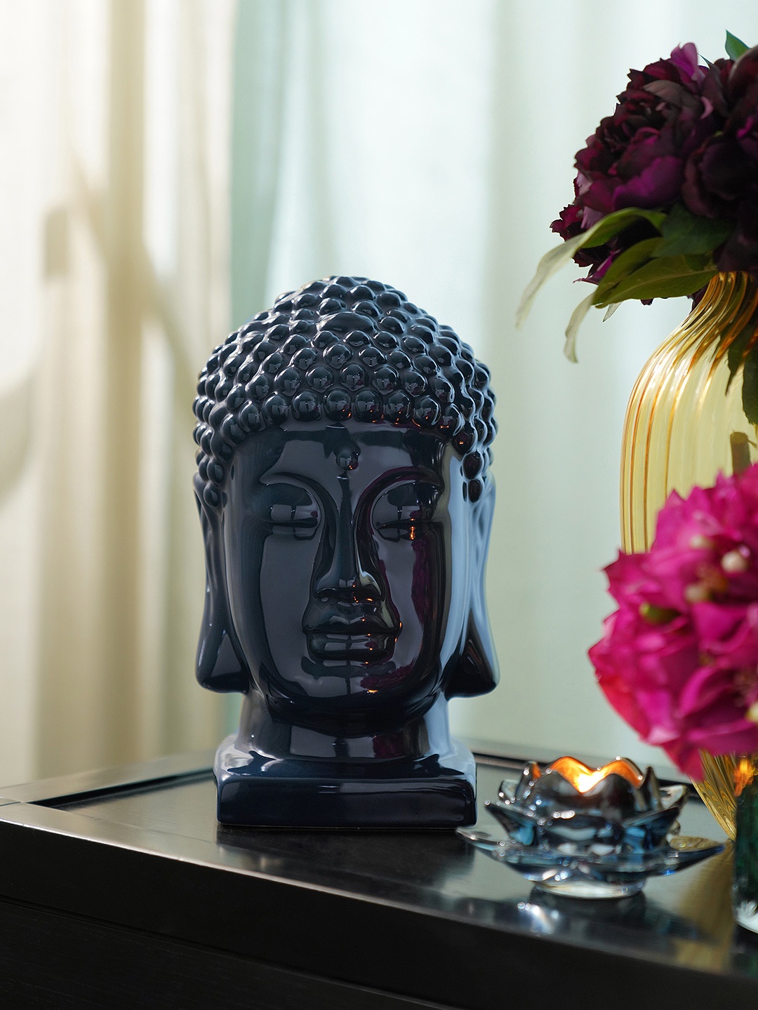 

Pure Home and Living Navy Blue Textured Buddha Head With Base Showpiece