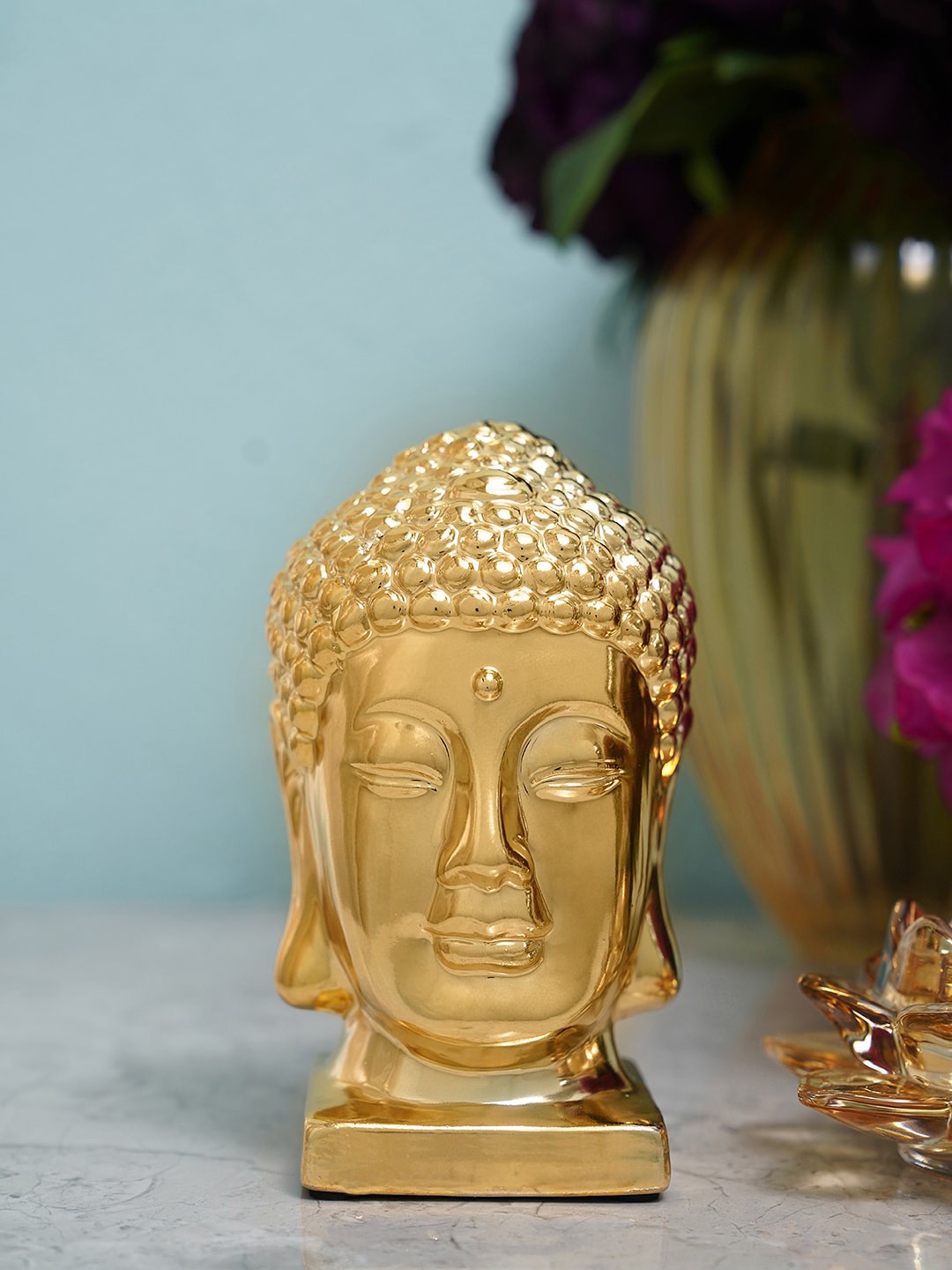 

Pure Home and Living Gold-Toned Textured Ceramic Buddha Head With Base Showpiece