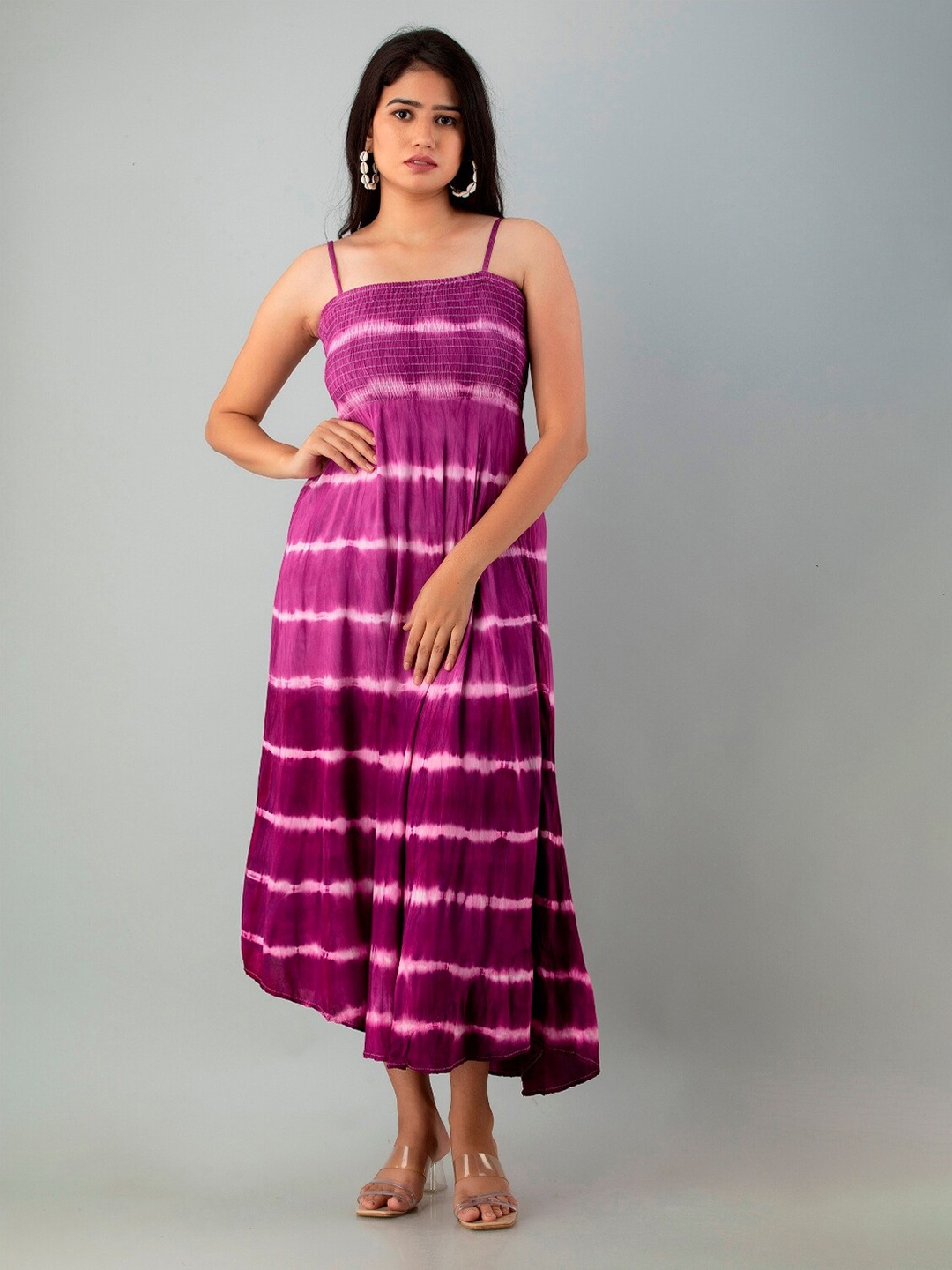 

Vastralay Tie & Dye Smocked Detailed Shoulder Straps A-Line Dress, Purple