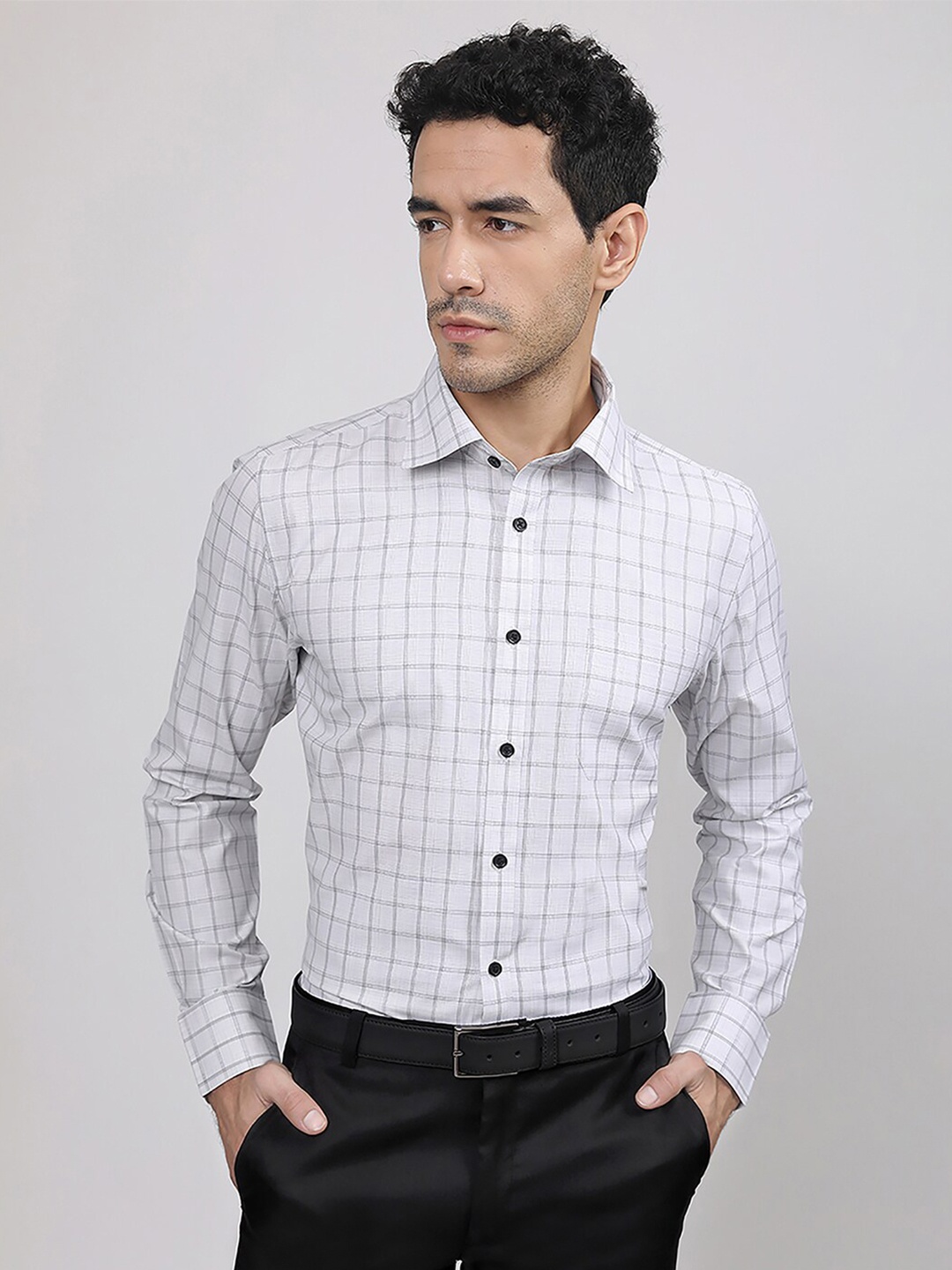 

MUTAQINOTI Comfort Grid Tattersall Checked Cotton Formal Shirt, Grey