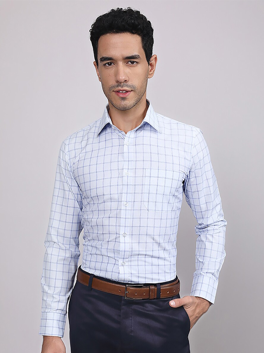 

MUTAQINOTI Comfort Fit Grid Tattersall Checked Formal Cotton Shirt, Blue